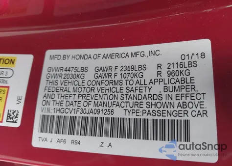 2018 Honda Accord Sport из США, поврежденный, VIN 1HGCV1F30JA091256